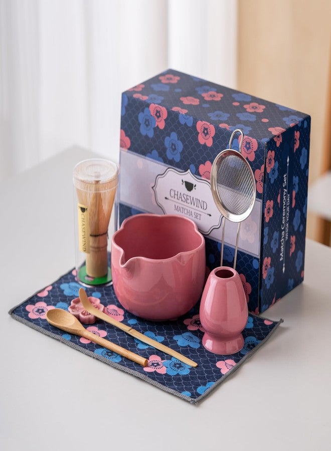 ChaseWind Matcha Set, 8Pcs Floral Ceramic Matcha Set with Matcha Whisk, Holder, Scoop, Scoop Rest, Sifter, Spoon and Tea Towel - Thoughtful Matcha Whisk Set Gift for Matcha Lovers (Pink) - Image 2