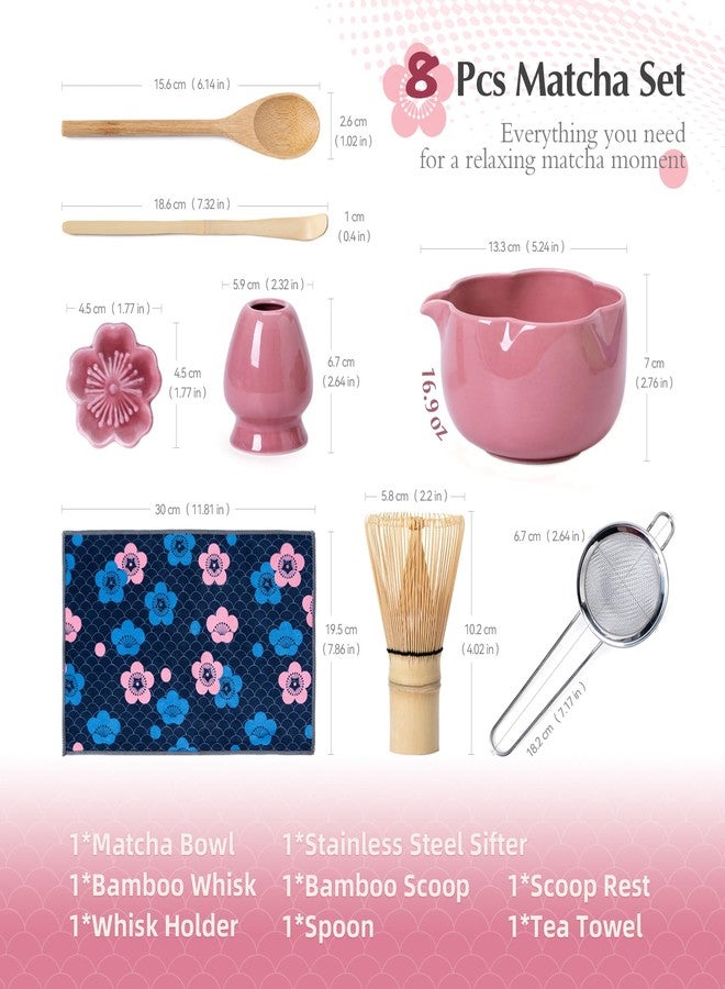 ChaseWind Matcha Set, 8Pcs Floral Ceramic Matcha Set with Matcha Whisk, Holder, Scoop, Scoop Rest, Sifter, Spoon and Tea Towel - Thoughtful Matcha Whisk Set Gift for Matcha Lovers (Pink) - Image 3