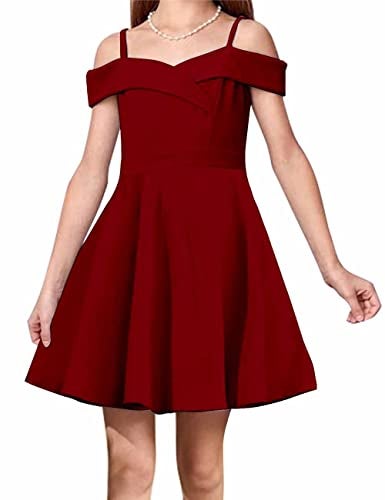 LuckyShe Big Girls Princess Dresses Elegant Cold Shoulder A Line Swing Party Dress for Kids,Dark Red,10 Years - Image 1