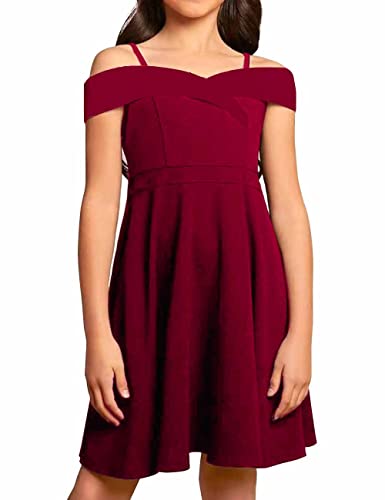 LuckyShe Big Girls Princess Dresses Elegant Cold Shoulder A Line Swing Party Dress for Kids,Dark Red,10 Years - Image 2