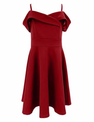 LuckyShe Big Girls Princess Dresses Elegant Cold Shoulder A Line Swing Party Dress for Kids,Dark Red,10 Years - Image 4