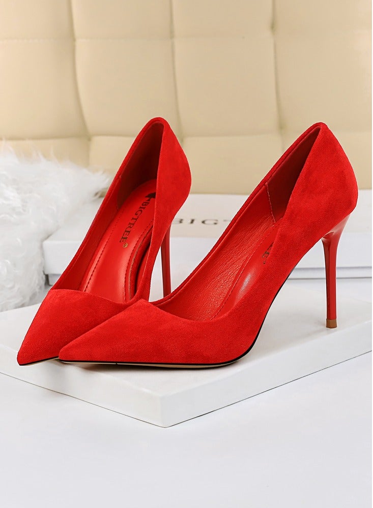 بيج تري Women's Solid Color Elegant Velour Stiletto Pumps 9 CM Fashion Gorgeous Closed Pointed Toe Slip On Solid High Heels Red - Image 1