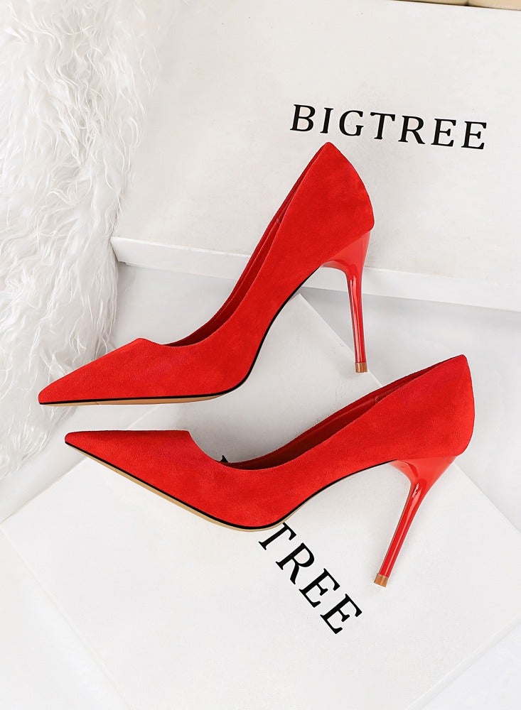بيج تري Women's Solid Color Elegant Velour Stiletto Pumps 9 CM Fashion Gorgeous Closed Pointed Toe Slip On Solid High Heels Red - Image 3