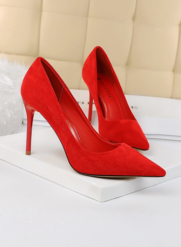 بيج تري Women's Solid Color Elegant Velour Stiletto Pumps 9 CM Fashion Gorgeous Closed Pointed Toe Slip On Solid High Heels Red - Image 2