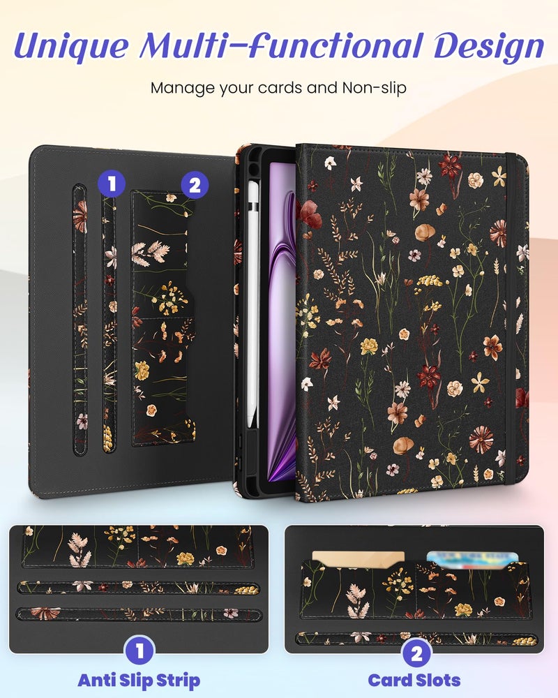 Kidcube for iPad Air 13 Inch Case (M3/M2)/for iPad Pro 12.9 Cases 6th/5th (2022/2021) - Women Girls Cute Rotating Stand Folio Cover with Pencil Holder & Card Slot Design Flowers Floral Unique Cover - Image 3