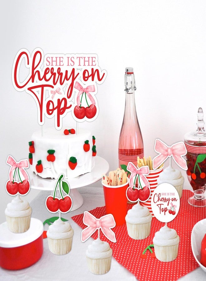 Merrystorm She's The Cherry On Top Baby Shower Cake Toppers Cherry Themed Cupcake Toppers Coquette Cherry Bachelorette Party Decorations Cherry Cake Decorations for Girls Baby Shower Bridal Shower Birthday Party - Image 3