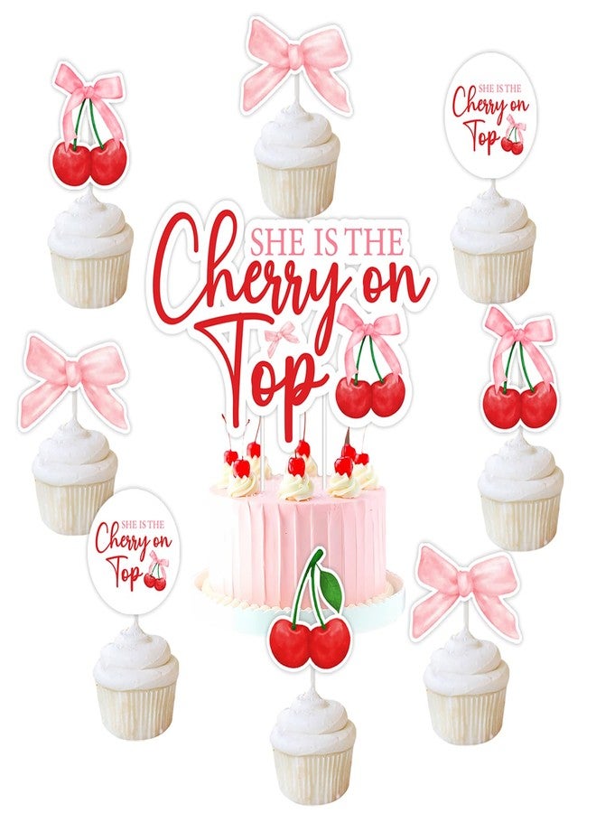 Merrystorm She's The Cherry On Top Baby Shower Cake Toppers Cherry Themed Cupcake Toppers Coquette Cherry Bachelorette Party Decorations Cherry Cake Decorations for Girls Baby Shower Bridal Shower Birthday Party - Image 1