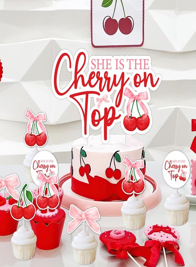 Merrystorm She's The Cherry On Top Baby Shower Cake Toppers Cherry Themed Cupcake Toppers Coquette Cherry Bachelorette Party Decorations Cherry Cake Decorations for Girls Baby Shower Bridal Shower Birthday Party - Image 2