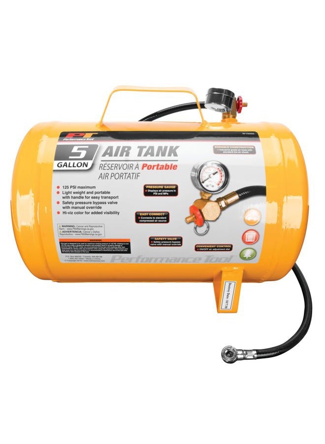 Performance Tool W10005 Hi-Viz 5-Gallon Horizontal Portable Air Tank With Tire Chuck, Yellow - Image 2