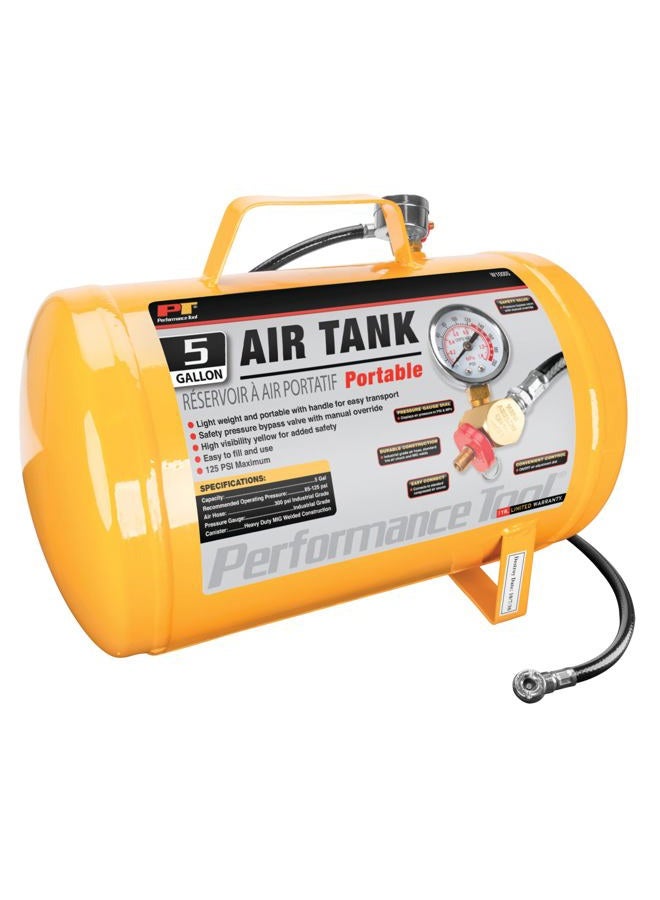 Performance Tool W10005 Hi-Viz 5-Gallon Horizontal Portable Air Tank With Tire Chuck, Yellow - Image 1