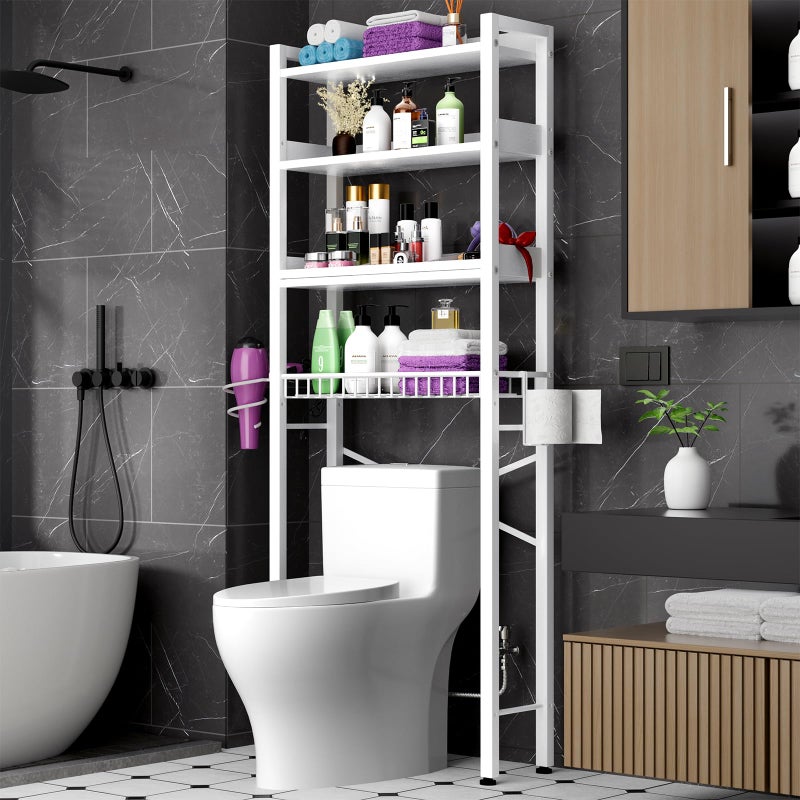 Mlinavn Over The Toilet Storage Cabinet,4 Tier Bathroom Organizer and Storage With Adjustable Shelf Waterproof Feet Pad and Basket Multifunctional Space Saver Freestanding Bathroom Shelves With Dividers White - Image 1