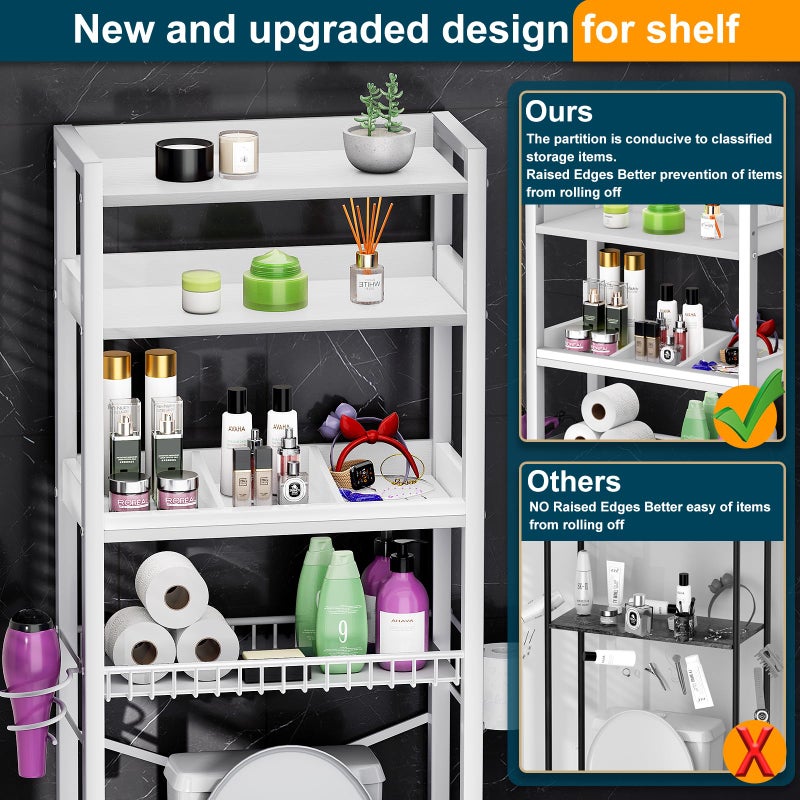 Mlinavn Over The Toilet Storage Cabinet,4 Tier Bathroom Organizer and Storage With Adjustable Shelf Waterproof Feet Pad and Basket Multifunctional Space Saver Freestanding Bathroom Shelves With Dividers White - Image 3