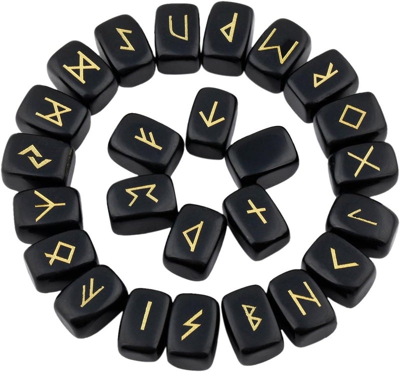 Rockcloud Black Obsidian Rune Stones Tumbled Engraved Lettering Crystal Set for Wicca Crystals Healing Chakra Reiki