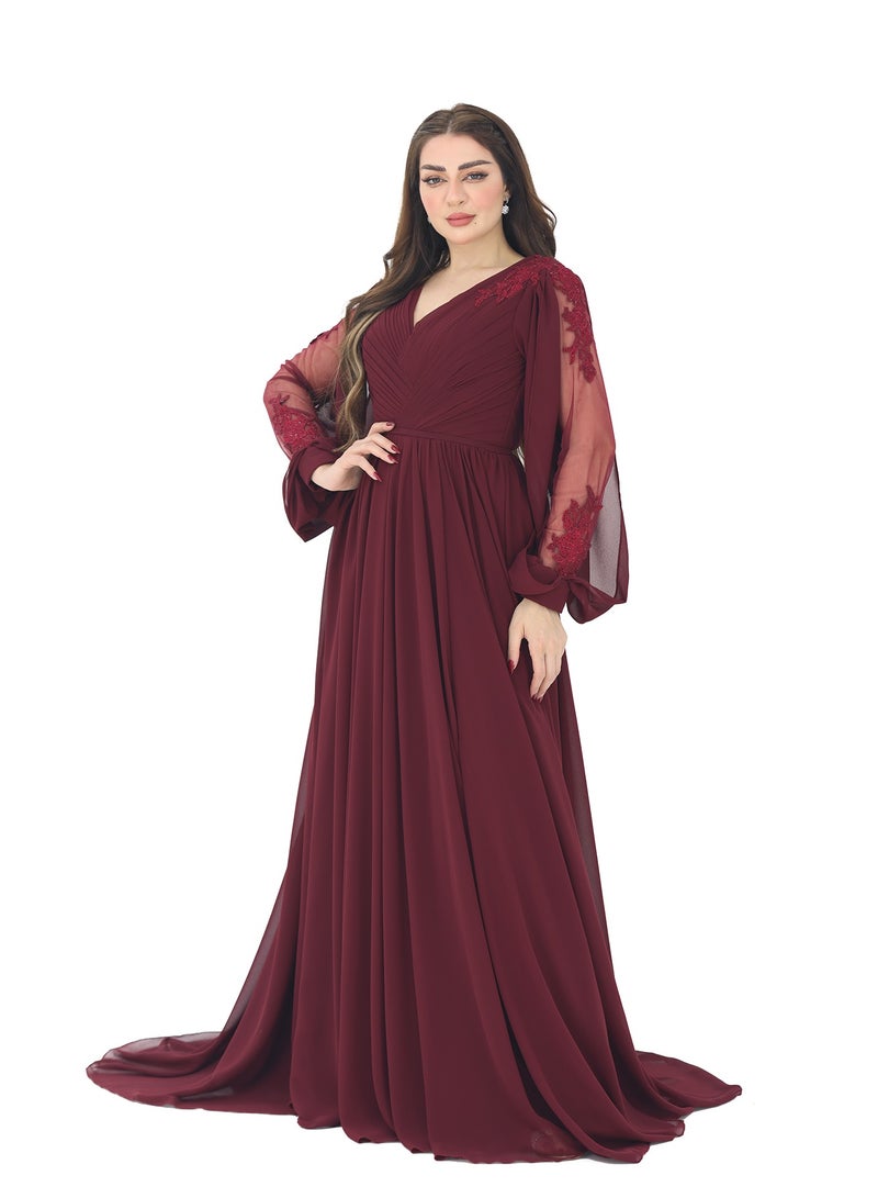 Modern Design Luxurious long-sleeved velvet dress made of velvet material. The dress features elegant hand embroidery on the shoulders. A wrap bodice with a slit underneath the dress with an elegant side shawl. An  - Image 2