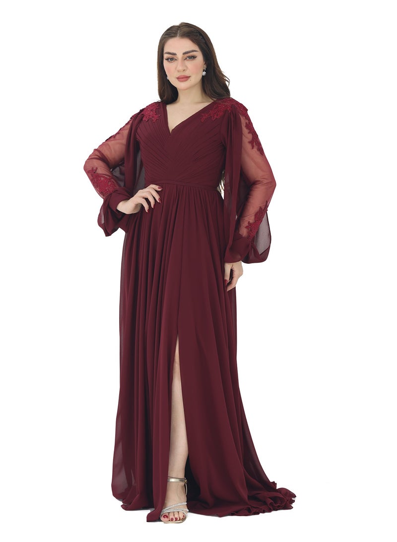 Modern Design Luxurious long-sleeved velvet dress made of velvet material. The dress features elegant hand embroidery on the shoulders. A wrap bodice with a slit underneath the dress with an elegant side shawl. An  - Image 1