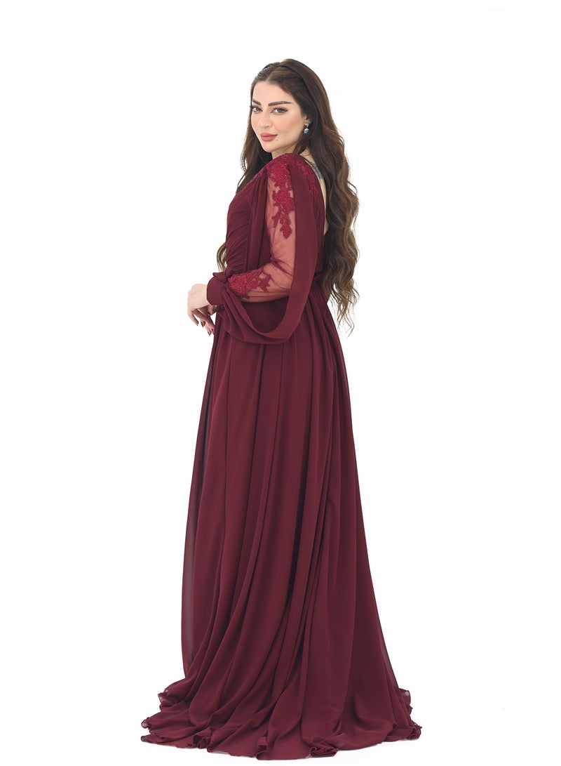 Modern Design Luxurious long-sleeved velvet dress made of velvet material. The dress features elegant hand embroidery on the shoulders. A wrap bodice with a slit underneath the dress with an elegant side shawl. An  - Image 3