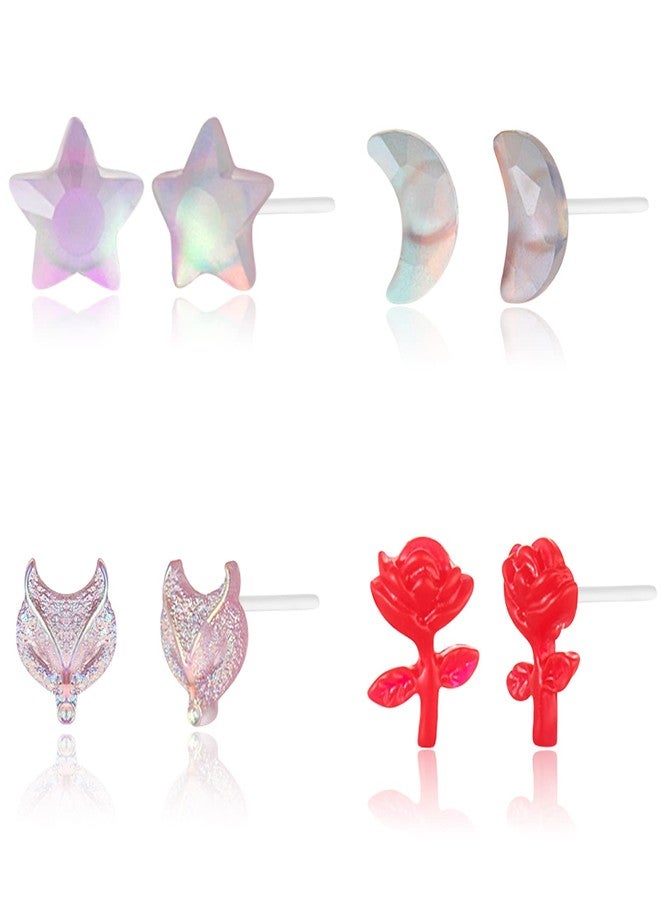 KMEOSCH Plastic Earrings,KMEOSCH 4 Pairs Cute and Lightweight Plastic Stud Earrings for Sensitive Ears (Fox & Rose, Stars & Moon) - Image 1