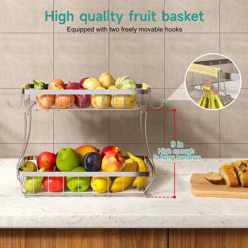 Sevenblue 2 Tier Large Fruit Basket For Kitchen Counter With 2 Mobile Banana Hangers  2025 Pro Detachable Metal Fruit Bowl With Wooden Handle (Silver  2 Tier Extra Large) - Image 2
