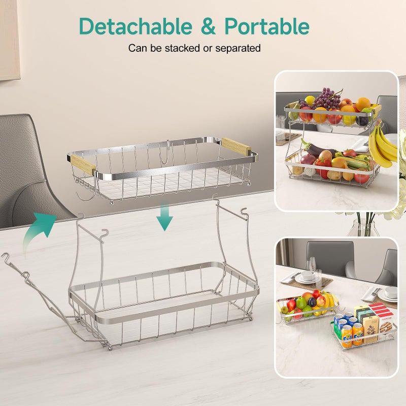 Sevenblue 2 Tier Large Fruit Basket For Kitchen Counter With 2 Mobile Banana Hangers  2025 Pro Detachable Metal Fruit Bowl With Wooden Handle (Silver  2 Tier Extra Large) - Image 3