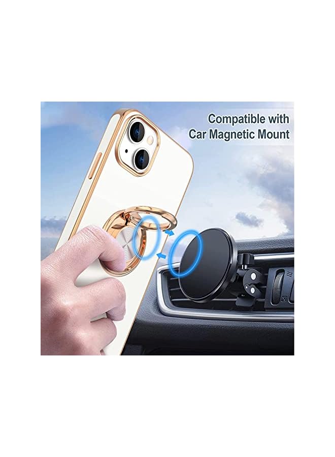 PROMASS Case for iPhone 14 Soft Silicone Luxury Gold Lining Case Rotatable Magnetic Ring Grip Holder Car Mount Kickstand Cover Shock Absorbent Case Compatible for iPhone 14 (White) - Image 4