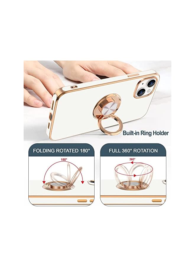 PROMASS Case for iPhone 14 Soft Silicone Luxury Gold Lining Case Rotatable Magnetic Ring Grip Holder Car Mount Kickstand Cover Shock Absorbent Case Compatible for iPhone 14 (White) - Image 3