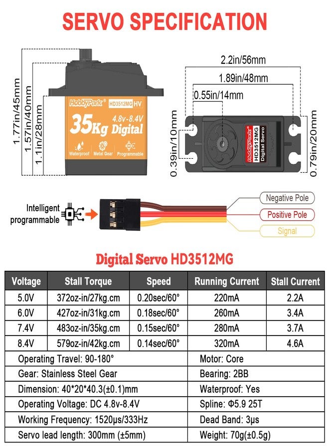 HobbyPark Waterproof 35kg High Torque Servo Motor Metal Gear Digital Servo Stainless Steel Gear Arduino Servo for RC Crawler RC Car RC Truck Buggy Airplane HV Programmable Control Angle 180° - Image 3