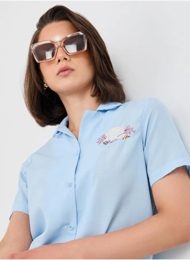 Take Two Take Two Embroidered Short Sleeve Spread Collar Shirt