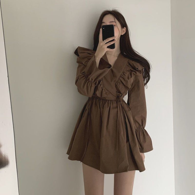 Korean Style Sweet Hot Girl Design Sense Suit Dress Lace Stitching Shirt Ruffled Waist Tight Tutu Skirt Slip Skirt Trendy Section 11022