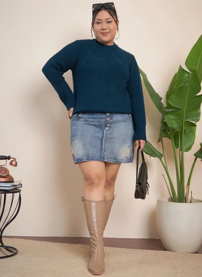 CURVY STREET كنزة صوف محبوكة باللون الأخضر المائي للنساء
