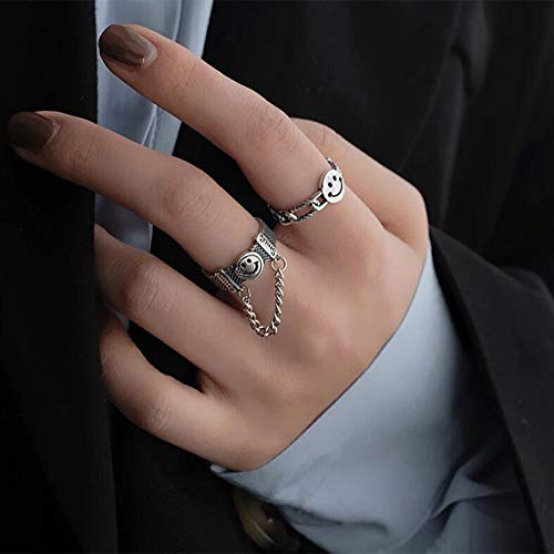 Aimimier Gothic S925 Knuckle Rings Set 2Pcs Smiley Finger Ring with Chain Tassel Half Open Midi Ring for Women or Men - Image 2