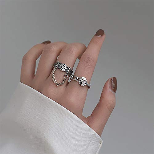 Aimimier Gothic S925 Knuckle Rings Set 2Pcs Smiley Finger Ring with Chain Tassel Half Open Midi Ring for Women or Men - Image 3