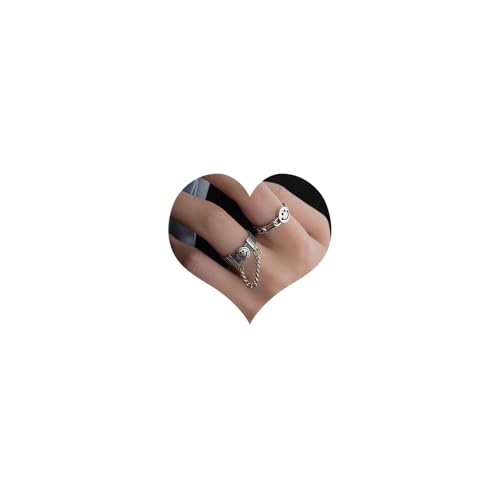 Aimimier Gothic S925 Knuckle Rings Set 2Pcs Smiley Finger Ring with Chain Tassel Half Open Midi Ring for Women or Men - Image 1