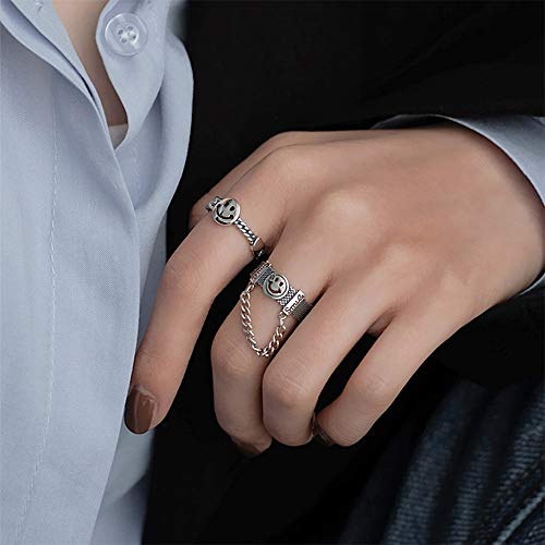 Aimimier Gothic S925 Knuckle Rings Set 2Pcs Smiley Finger Ring with Chain Tassel Half Open Midi Ring for Women or Men - Image 4