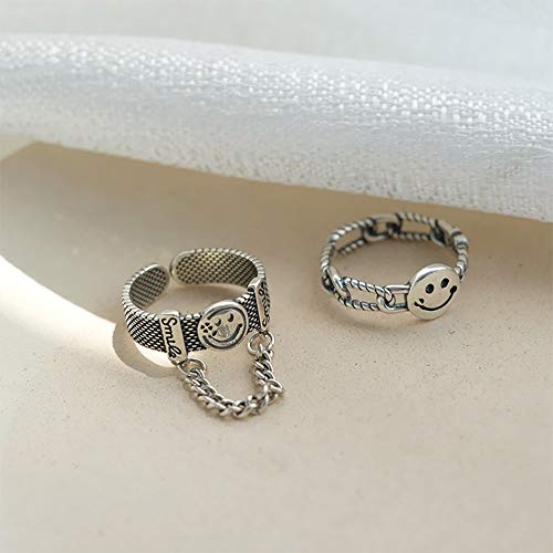 Aimimier Gothic S925 Knuckle Rings Set 2Pcs Smiley Finger Ring with Chain Tassel Half Open Midi Ring for Women or Men - Image 5
