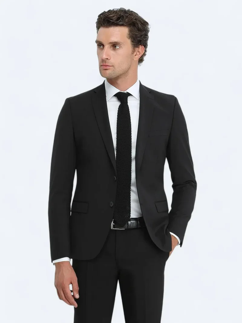 Kip Black Plain Slim Fit Wool Blended Suit