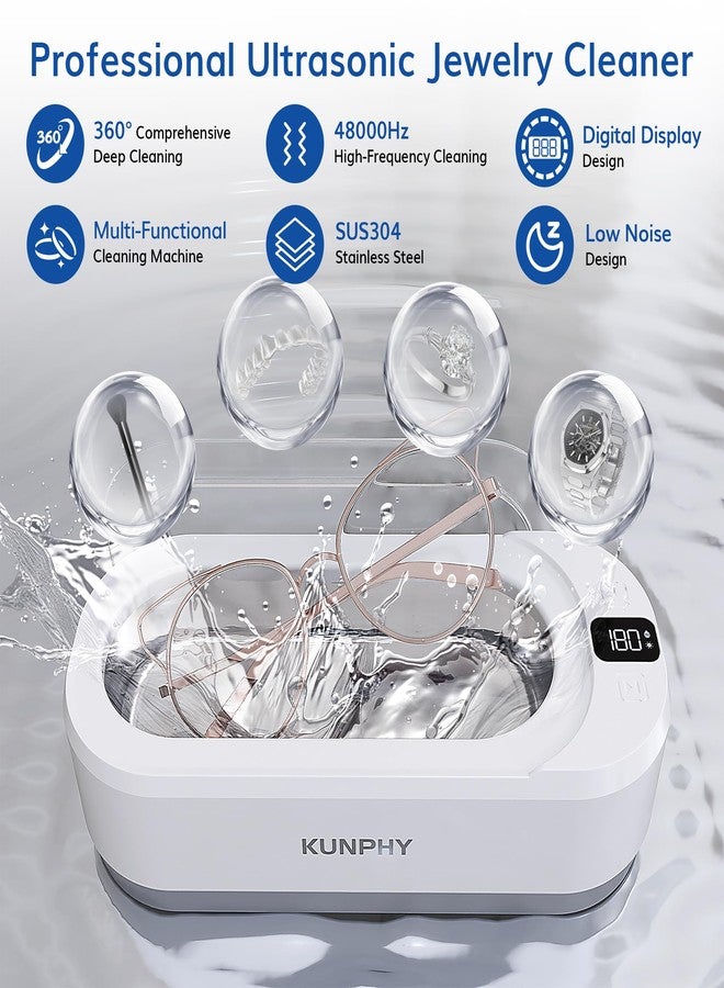 kunphy Upgraded Ultrasonic Jewelry Cleaner with 50ml Solution, 48KHZ, 12oz Capacity, Ultrasonic Cleaner with 3 Digital Timers, Touch Control, Idea for Jewelry, Glasses - Image 2