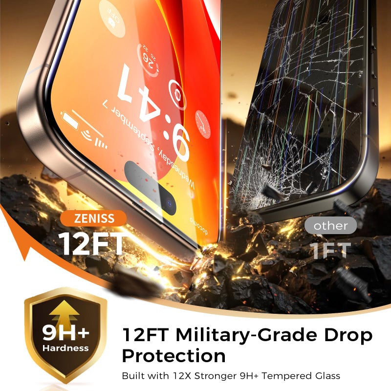Zeniss NeverBreak 9H+ Hardness for iPhone 16 Pro Max Screen Protector 12FT Military Grade Protection (Scratch, Shatter, Drop Resistance) Tempered Glass Full Edge Coverage 6.9" 2 Pack with De-Bubble Card - Image 2