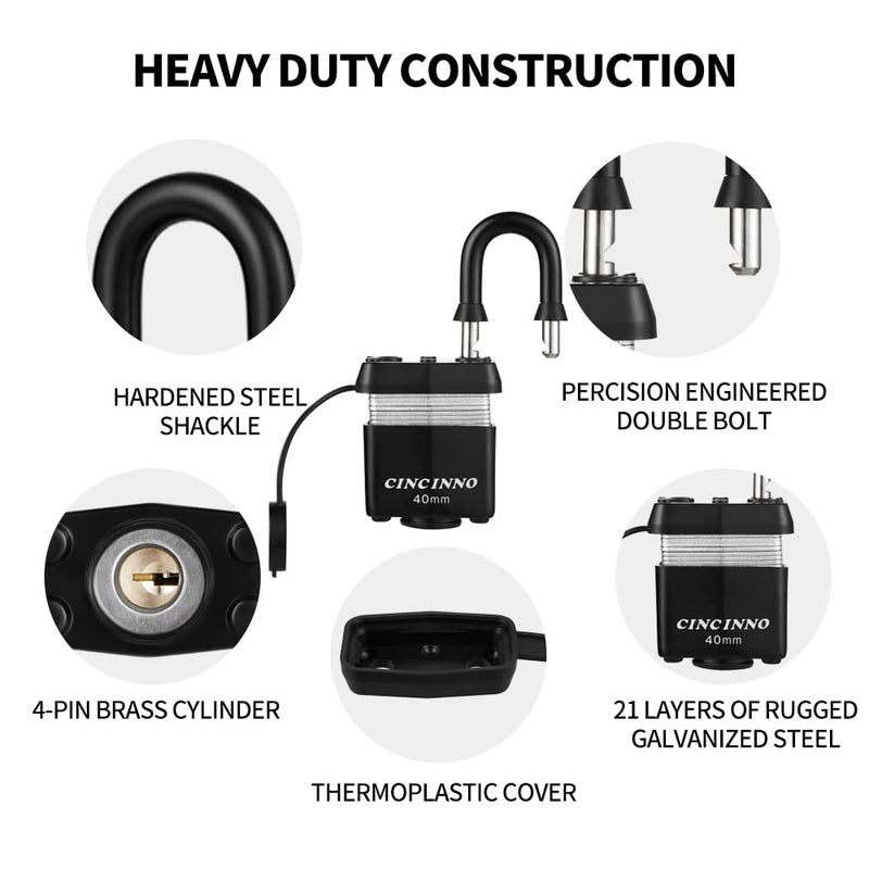 CINCINNO قفل Cincinno 40 مم مع مفتاح أقفال فولاذية مغلفة مقاومة للطقس مع مفاتيح أقفال شديدة التحمل على حد سواء للاستخدام في الهواء الطلق، 12 حزمة - Image 3