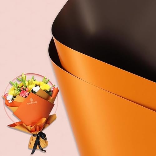 FlowerAura Designer Waterproof Two Sided Orange & Black Korean Wrapping Paper For Flower Bouquet Wrapping Paper, Gift Wrapping Paper, DIY Handmade Paper, Artistic & Florist Creation Paper (Set of 20) - Image 1