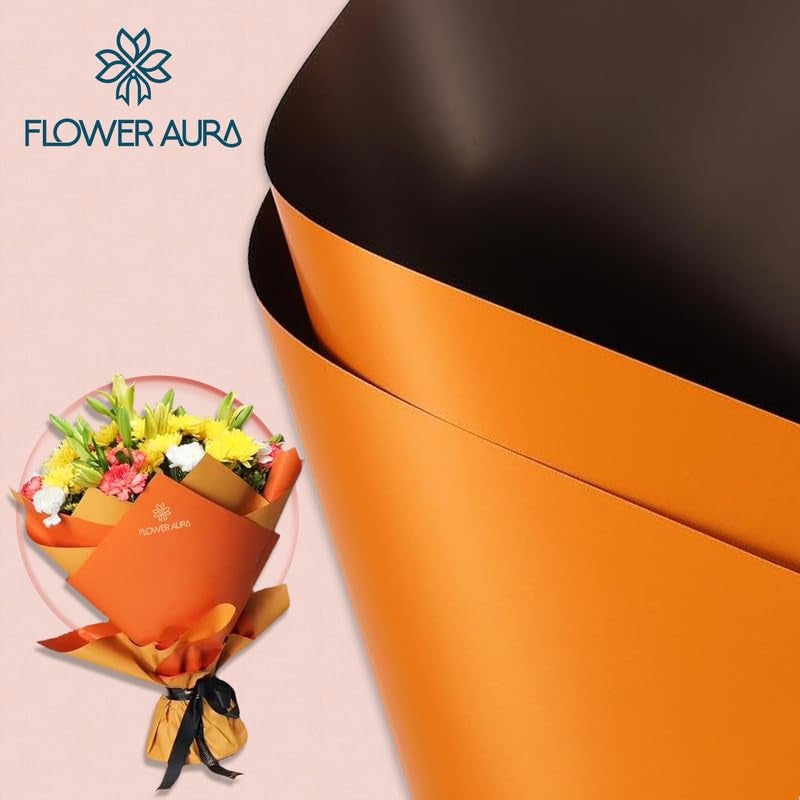 FlowerAura Designer Waterproof Two Sided Orange & Black Korean Wrapping Paper For Flower Bouquet Wrapping Paper, Gift Wrapping Paper, DIY Handmade Paper, Artistic & Florist Creation Paper (Set of 20) - Image 2