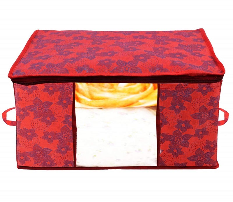 Kuber Industries Metalic Printed 8 Piece Non Woven Fabric Underbed Storage BagCloth OrganiserBlanket Cover with Transparent Window Green Red CTKTC41206 - Image 3