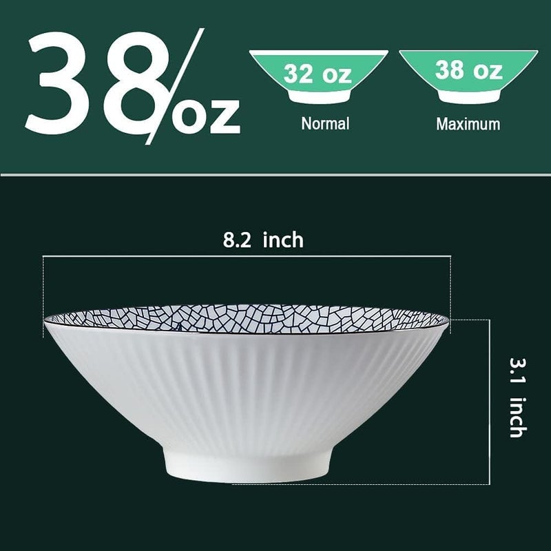 QINLANG 38 oz Japanese Ramen Soup Pho  Noodle Bowls  8 in Blue and White Ceramic Set of 4 Leaf Pattern - Image 2