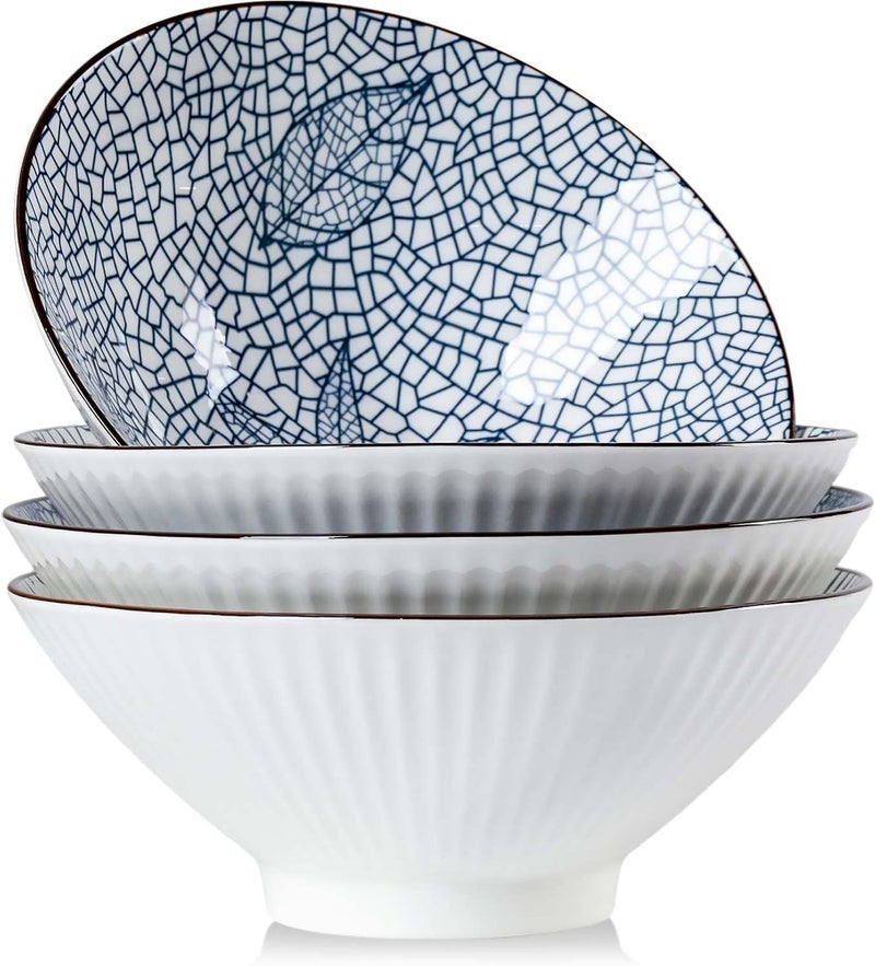 QINLANG 38 oz Japanese Ramen Soup Pho  Noodle Bowls  8 in Blue and White Ceramic Set of 4 Leaf Pattern - Image 1