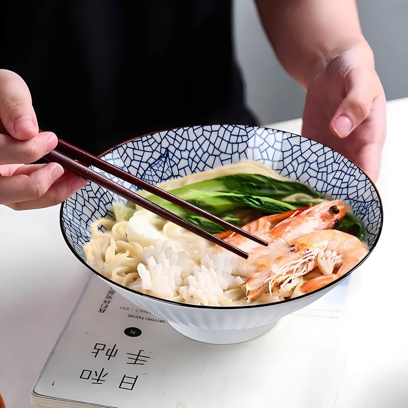 QINLANG 38 oz Japanese Ramen Soup Pho  Noodle Bowls  8 in Blue and White Ceramic Set of 4 Leaf Pattern - Image 3