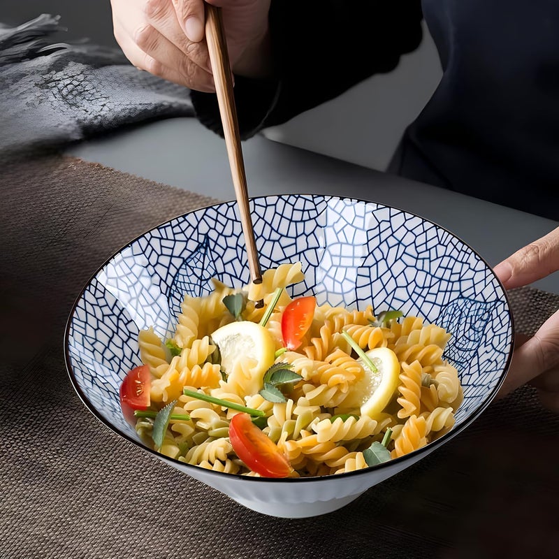 QINLANG 38 oz Japanese Ramen Soup Pho  Noodle Bowls  8 in Blue and White Ceramic Set of 4 Leaf Pattern - Image 5