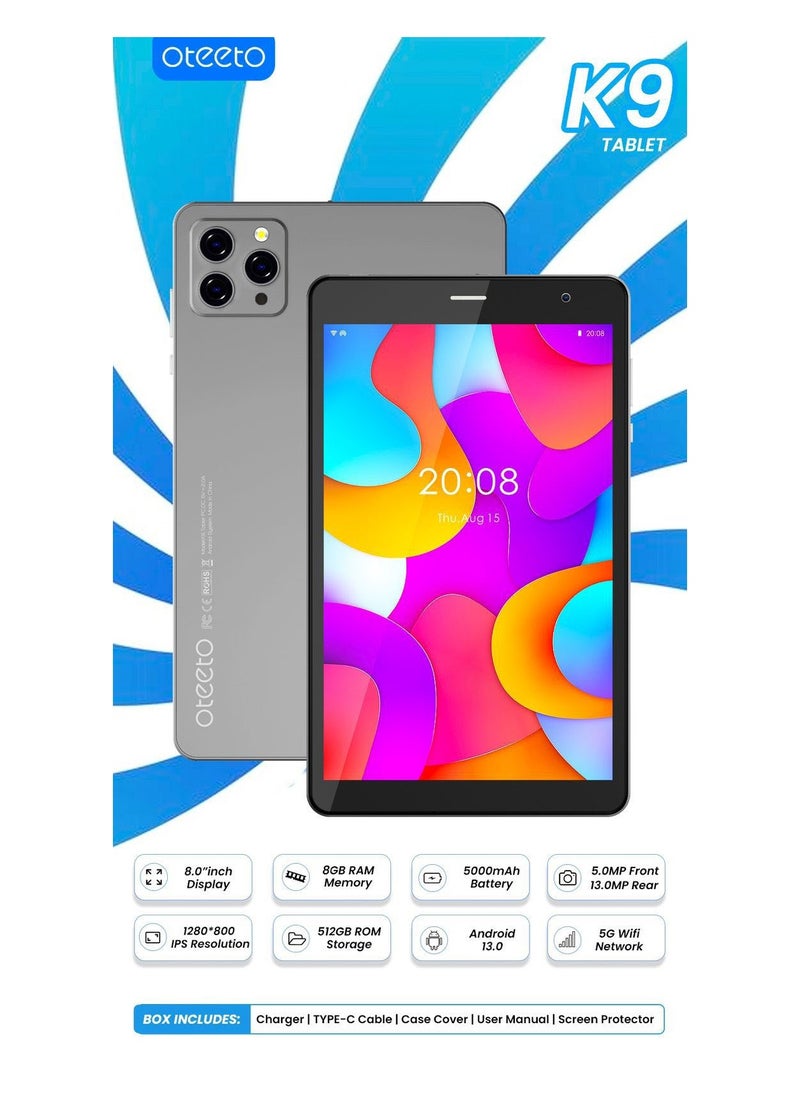 Oteeto - Oteeto K9 5G Android Tablet With 8.0 Inch Display 8GB RAM 512 GB ROM and 5000 mAh Battery Grey - Image 1