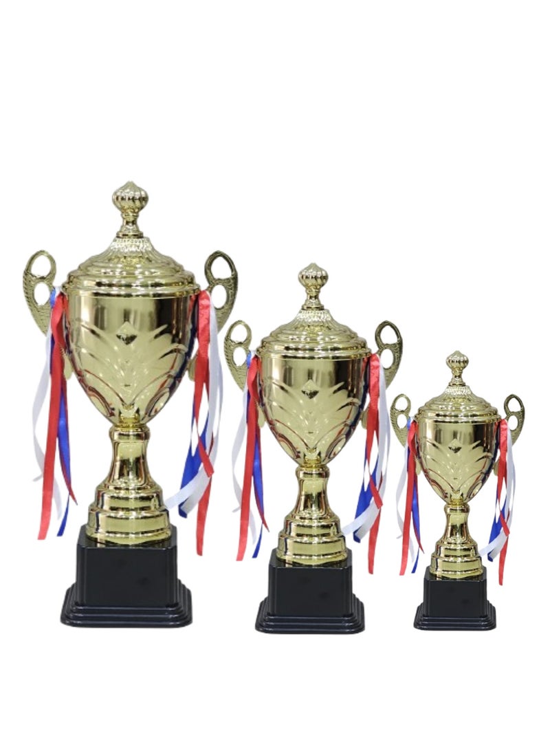 Spall Set of 3 Gold Metal Trophies – 49cm 43cm 39cm | Premium Iron Award Cups for Sports Events, School Competitions, Football, Cricket, Basketball, Academic Achievements & Corporate Awards - Image 1