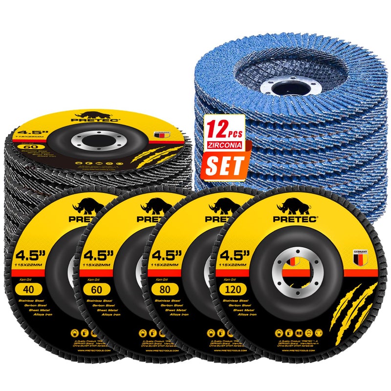 PRETEC Flap Discs 4 1/2 for Angle Grinder, 12 Pcs Flap Discs 40/60/80/120 Grit, 4.5" x 7/8" High Density Zirconia Type 27 Flap Sanding Disc for Grinding, Rust Removal, Sanding and Finishing -12 Packs - Image 1