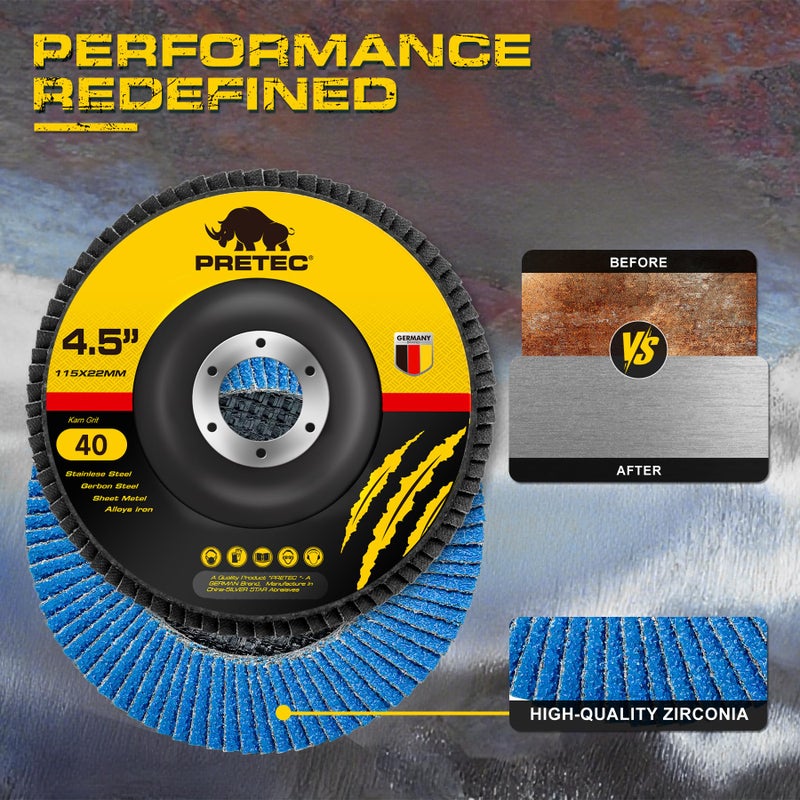 PRETEC Flap Discs 4 1/2 for Angle Grinder, 12 Pcs Flap Discs 40/60/80/120 Grit, 4.5" x 7/8" High Density Zirconia Type 27 Flap Sanding Disc for Grinding, Rust Removal, Sanding and Finishing -12 Packs - Image 5