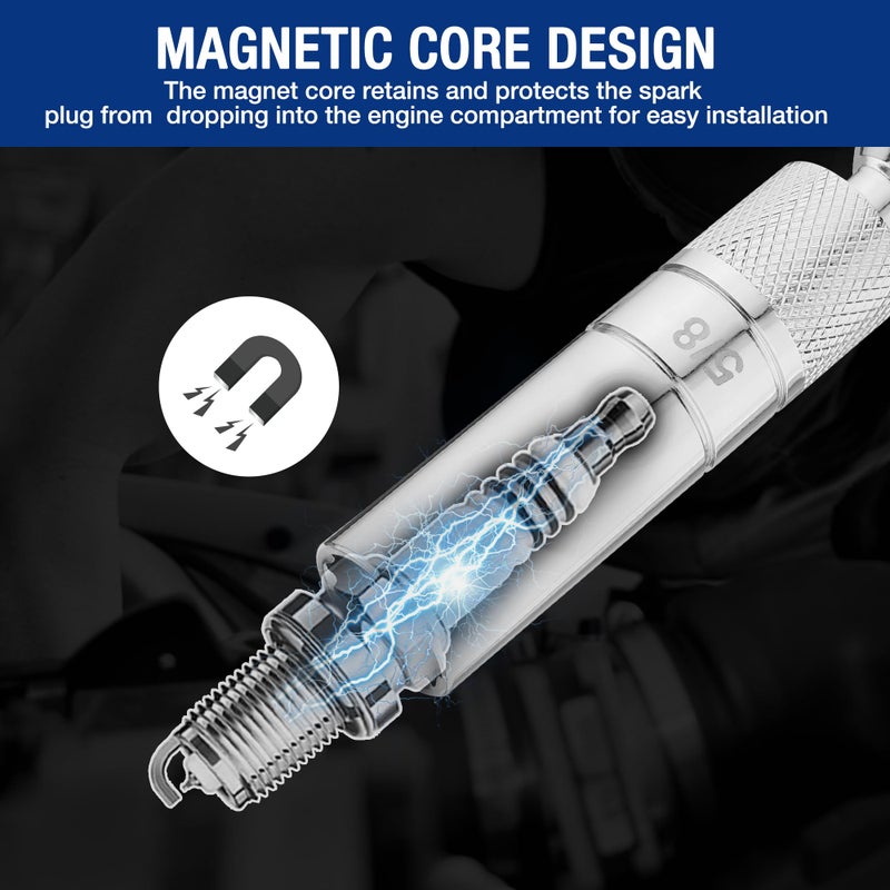 WORKPRO 7 PCS Magnetic Swivel Spark Plug Socket Set, Includes 9/16-inch, 5/8-inch, 13/16-inch, 14MM Thin Wall Sockets with 4, 6, 11-inch Extensions, 3/8" Drive with 12 Points, Magnetic Core - Image 2